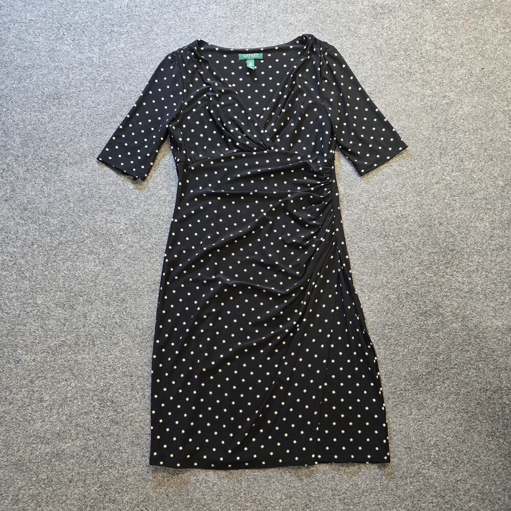 Lauren Ralph Lauren Dress Womens 10 Black Starts Art Faux Wrap Stretch Career